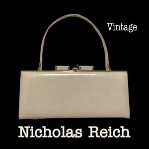 Vintage NICHOLAS REICH Frame Leather Handbag, Decorative Top, Satin Lining,Cream